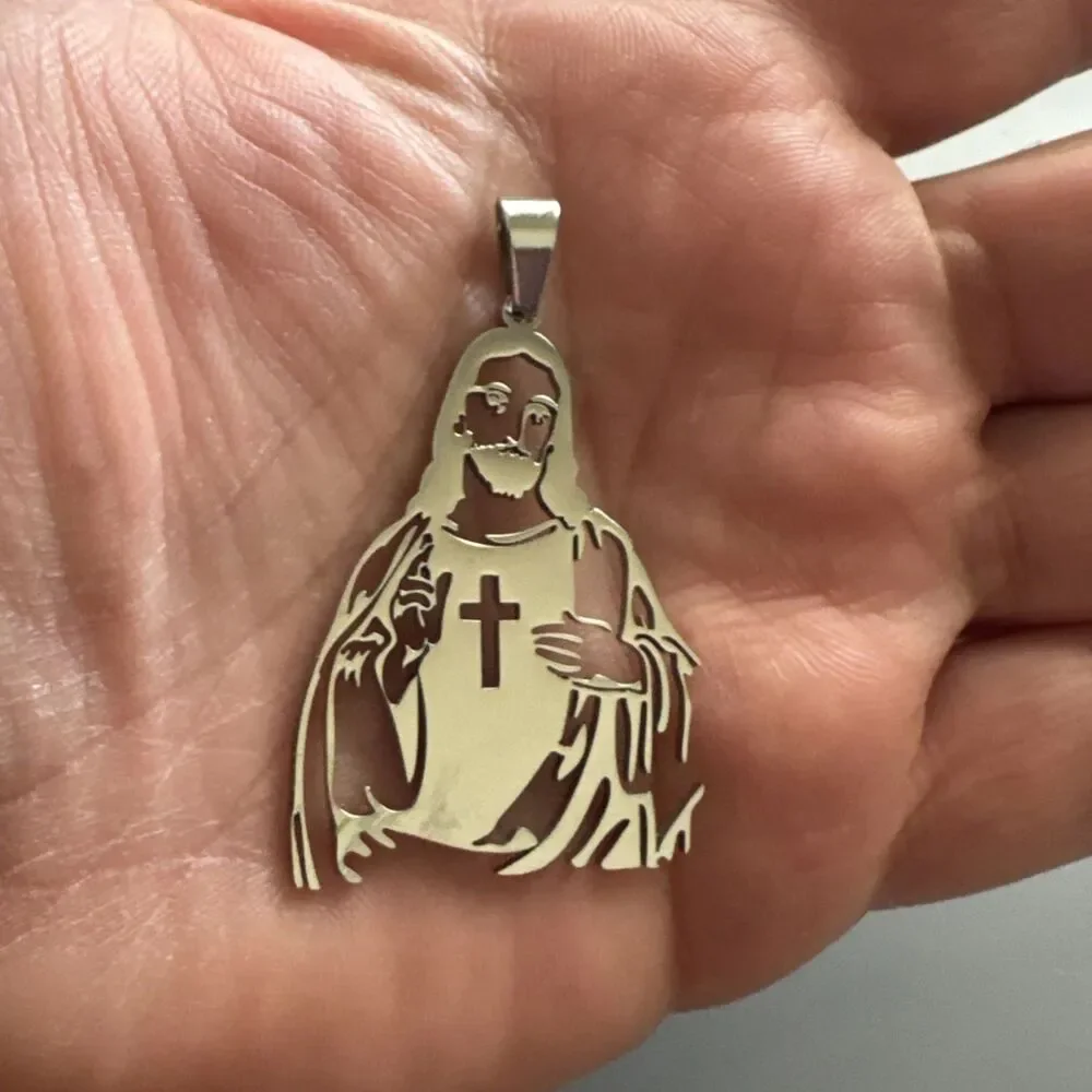 Cross Jesus Christ Cut Out Pendant Stainless Steel 24” Chain Faith Catholic Gift